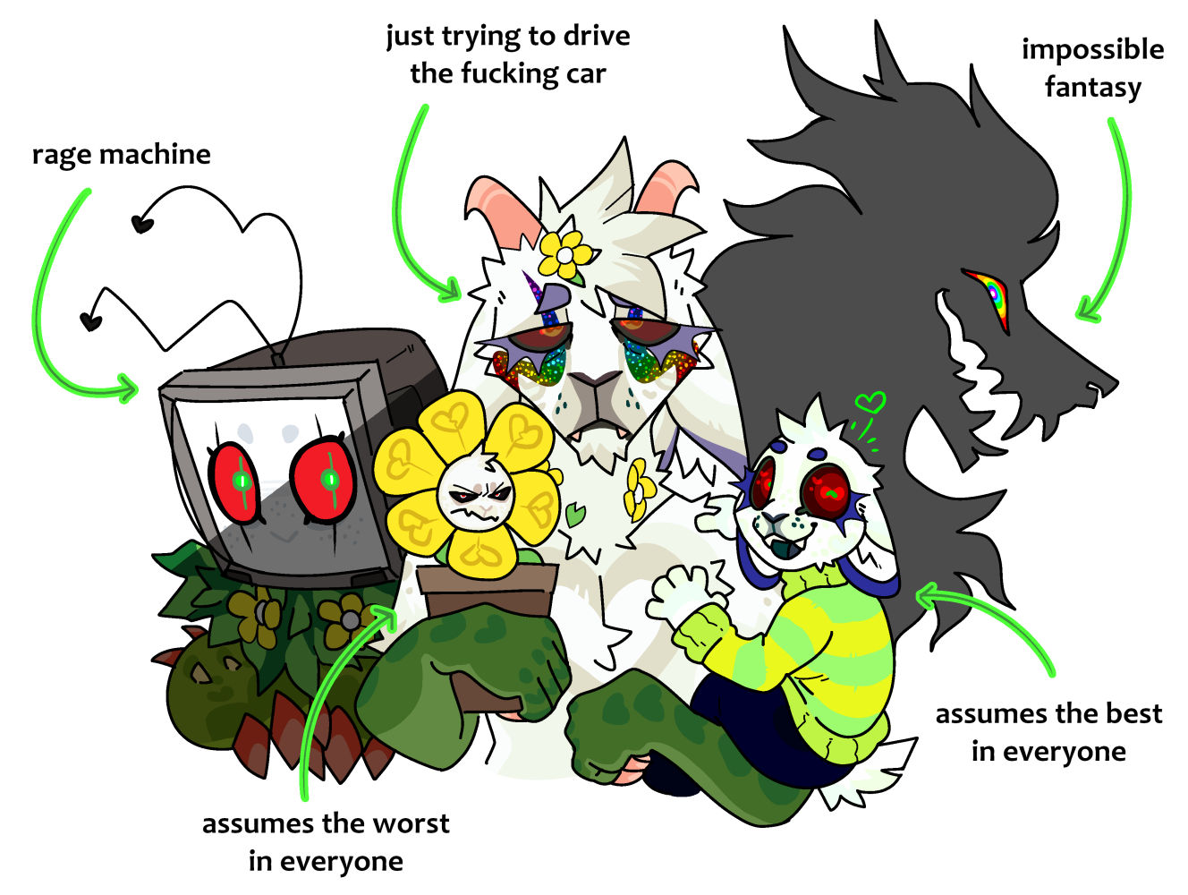 id: a digital portrait drawing of "Asriel Dreemurr" split into his different forms from Undertale. the adult form (Floriel) holds Asriel & Flowey, looking exhausted. text that points to it says "just trying to drive the fucking car". text that points to Flowey, glaring at the viewer, says "assumes the worst in everyone", text that points to Asriel, smiling at the viewer, says "assumes the best in everyone". looming in the background is Photoshop Flowey with text that says "rage machine", & a silhouette of the God of Hyperdeath with text that says "impossible fantasy" /end id