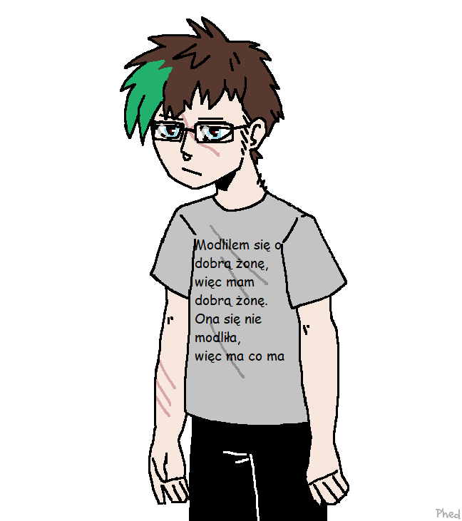 a drawing of Rozkurwiacz wearing a gray t-shirt with a polish text on it
